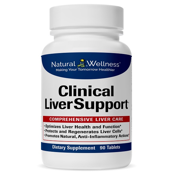 White supplement bottle with label for Natural Wellness Clinical LiverSupport