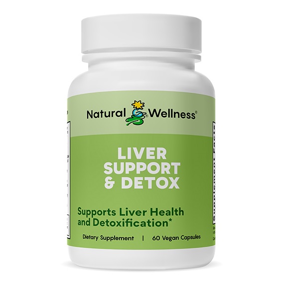 White supplement bottle with label for Natural Wellness Liver Support & Detox that supports liver cleansing