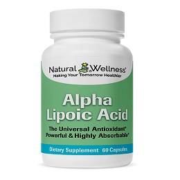 White supplement bottle with label for antioxidant alpha lipoic acid