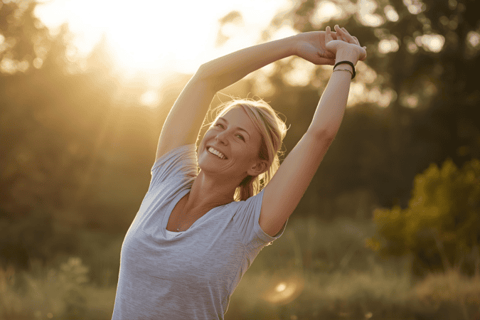 woman outside in nature, stretching with golden light feeling refreshed and full of energy