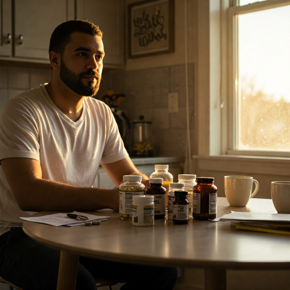 An individual contemplates a collection of supplement and prescription drug bottles on a white table.
