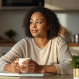 Ashwagandha for Stress: What the Research Shows A calm woman at home enjoying a peaceful moment, representing how ashwagandha may help support stress relief.