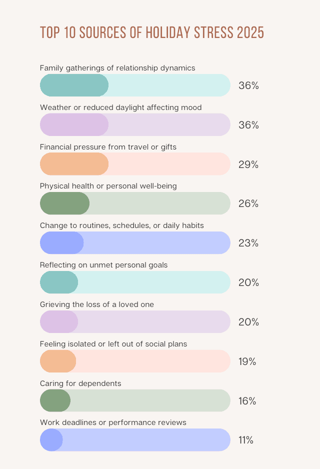 Infographic showing the top 10 sources of holiday stress in 2025, including financial pressure, family conflict, social obligations, travel, and work demands, based on survey data.