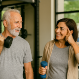 Creatine and Exercise for Older Adults May Support Strength and Cognitive Health Middle-aged man and woman exercising together in a gym, smiling and engaging in light strength training to support healthy aging