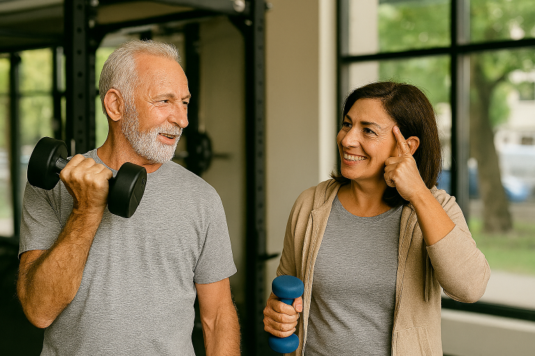 Middle-aged man and woman exercising together in a gym, smiling and engaging in light strength training to support healthy aging