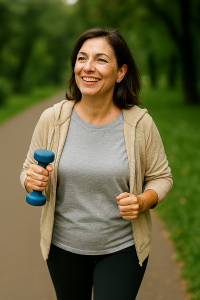 Middle-aged woman walking outdoors with a light dumbbell, engaging in gentle exercise to support healthy aging