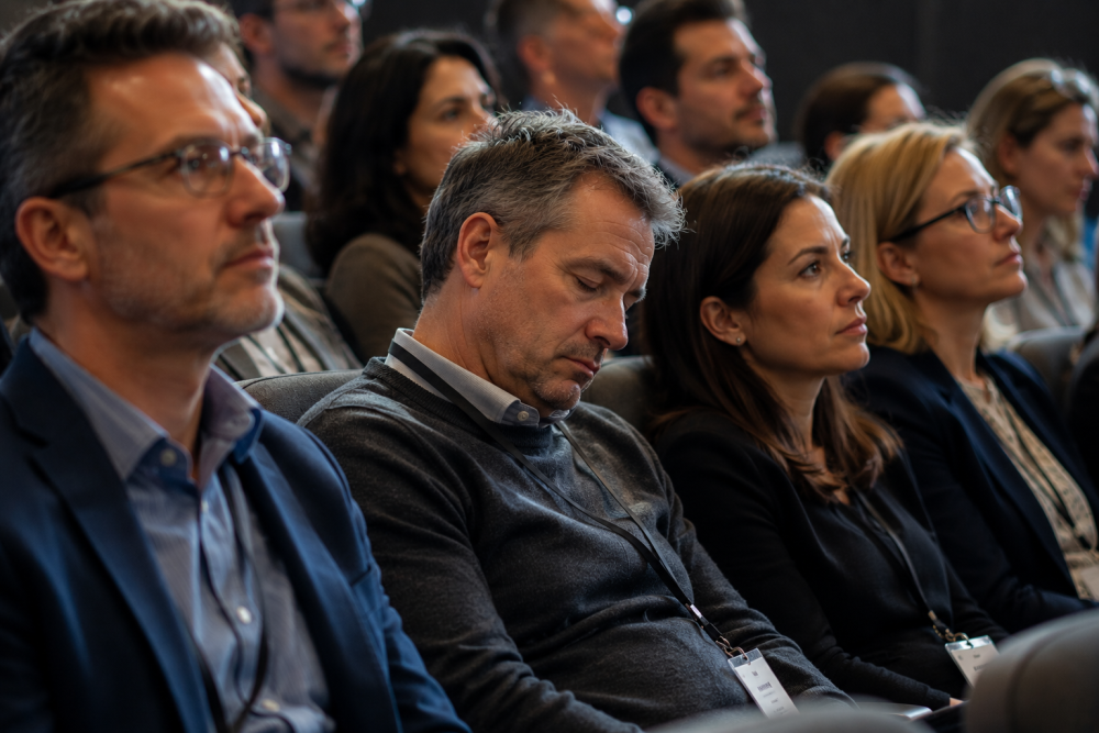 Man struggling to stay awake during a seminar while others listen attentively