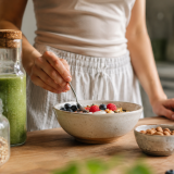 Healthy breakfast with yogurt, fruit, and probiotic-rich foods that support gut health and hormones