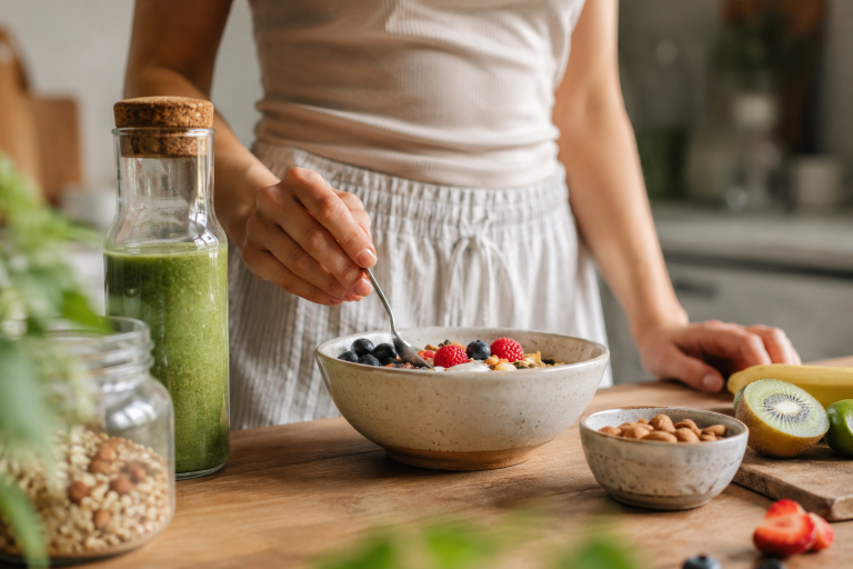 Healthy breakfast with yogurt, fruit, and probiotic-rich foods that support gut health and hormones