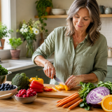 A Simple Way to Think About Antioxidant Support Woman preparing a healthy meal with berries, leafy greens, broccoli, carrots, and citrus in a bright kitchen.