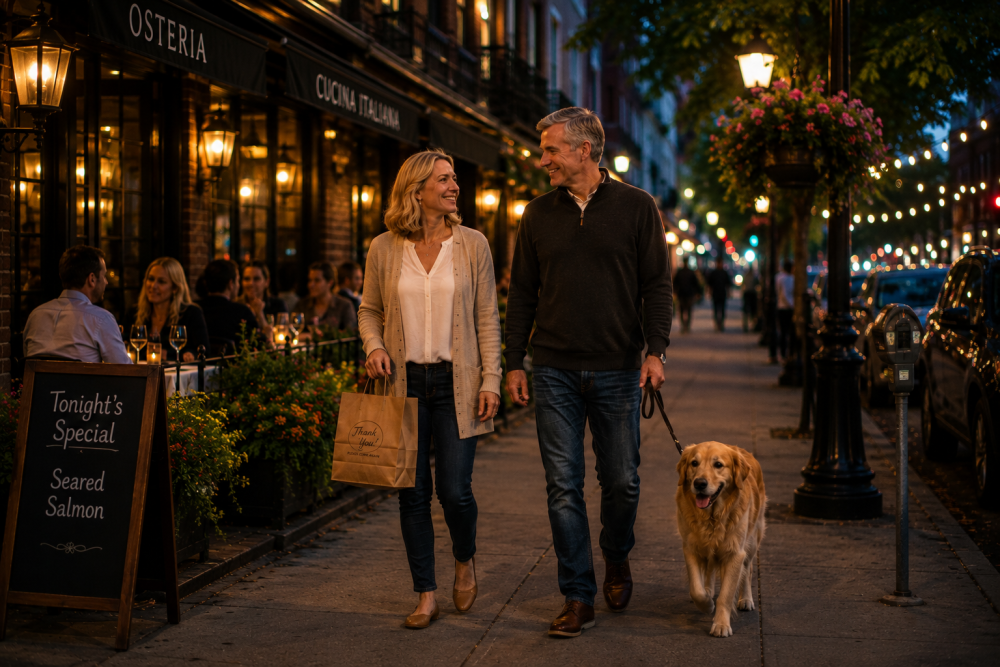Couple taking an evening walk after dinner along a restaurant-lined city street