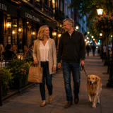 Couple taking an evening walk after dinner along a restaurant-lined city street