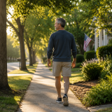 Everyday Energy Support: A Steadier Way to Think About Feeling Better Man walking through a quiet neighborhood on a sunny morning.